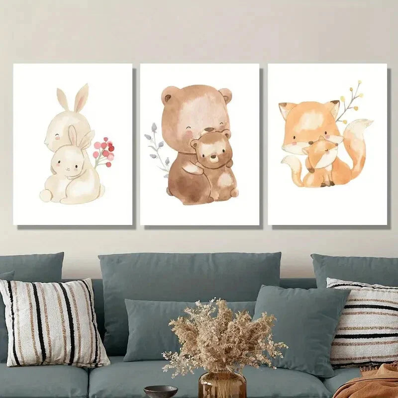 3pcs - Adorable Watercolor Animal Illustrations Metal Print Ready to Hang Art