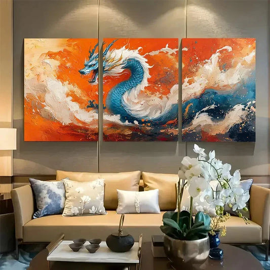 3pcs Vibrant Blue and Golden Dragon with Fiery Metal Print Ready to Hang Art