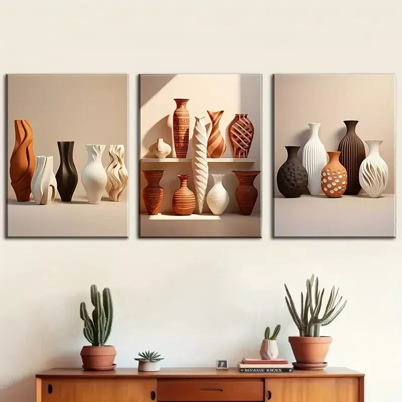 3pcs Featuring Solid Patterned Ceramic Bottle Wall Art Set Canvas Framed 40x60cm - High Quality Print 100% Australian Made Wall Canvas Ready to Hang