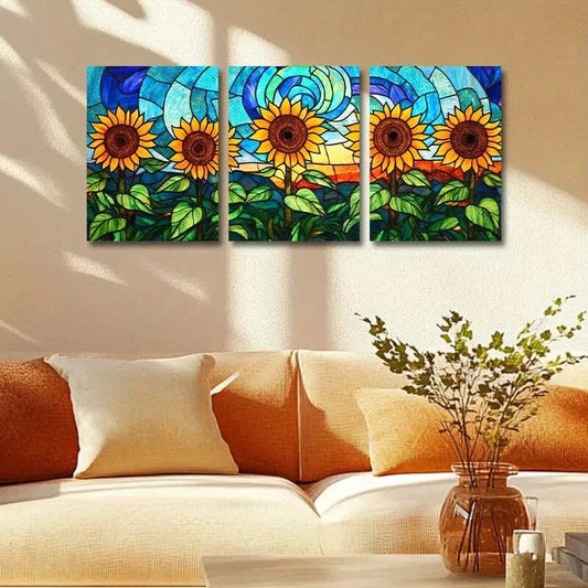 3pcs Sunflower with Blue Background Design Metal Print Ready to Hang Art