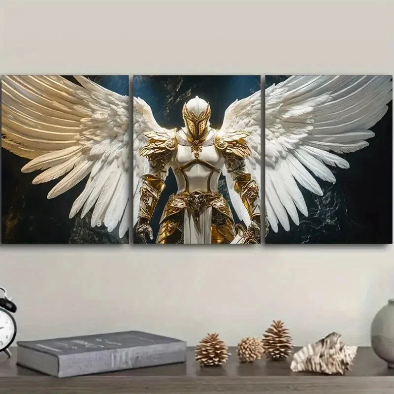 3pcs Angel in White and Golden Armor Wall Art Set Canvas Framed 40x60cm - High Quality Print 100% Australian Made Wall Canvas Ready to Hang