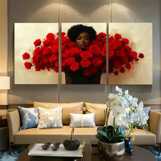 3pcs Huge Red Roses Bouquet Woman Metal Print Ready to Hang Art