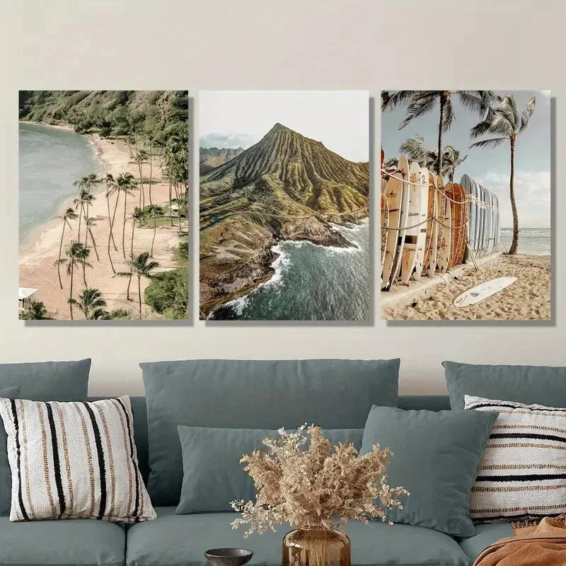 3pcs Mountain Surfing And Coastal Beach Scenes Metal Print Ready to Hang Art