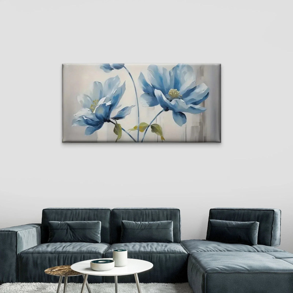 Modern Blue Floral Abstract Wall Art Canvas Office Home Room Framed 80x45cm