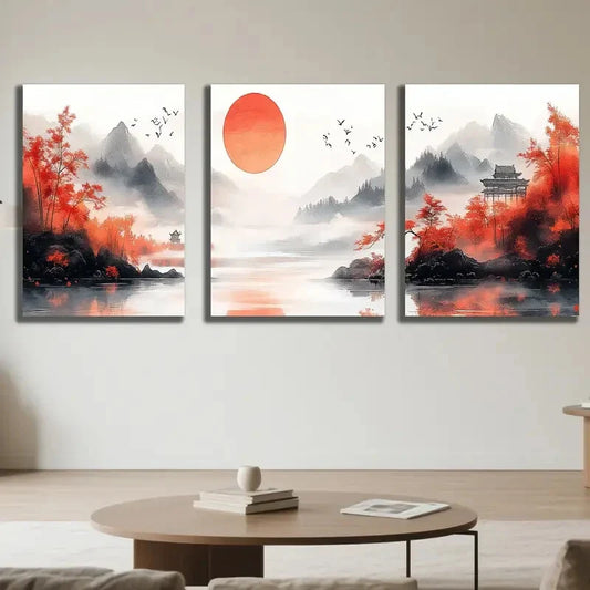3pcs Vibrant Japanese Landscape with Pagodas Metal Print Ready to Hang Art