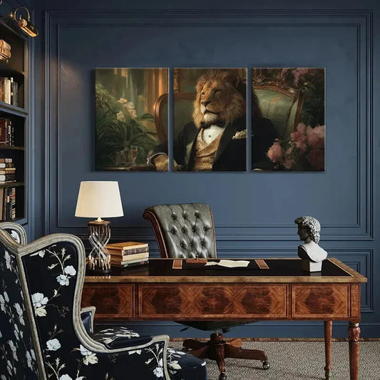 3pcs Elegant Lion in Tuxedo Fantasy Animal Metal Print Ready to Hang Art