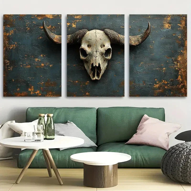 3pcs Rustic Mysterious Buffalo Skull Metal Print Ready to Hang Art