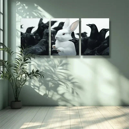 3pcs White rabbit, crow Animal Art Painting Metal Print Ready to Hang Art
