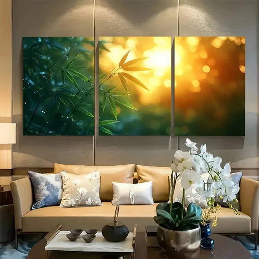 3pcs Zen Harmony Tall Vertical Bamboo Metal Print Ready to Hang Art