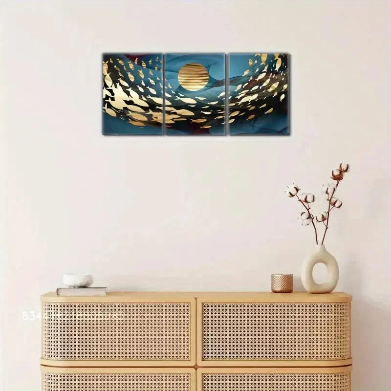 3pcs Fish decoration poster with Golden and Golden Metal Print Ready to Hang Art