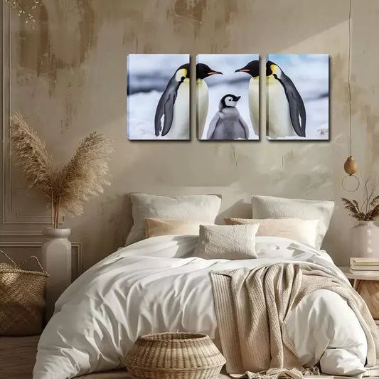 3pcs One Penguin Family Wall Art Set Canvas Framed 40x60cm - High Quality Print 100% Australian Made Wall Canvas Ready to Hang