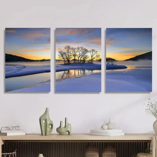3pcs Snow Scene Sunset Reflection, Metal Print Ready to Hang Art