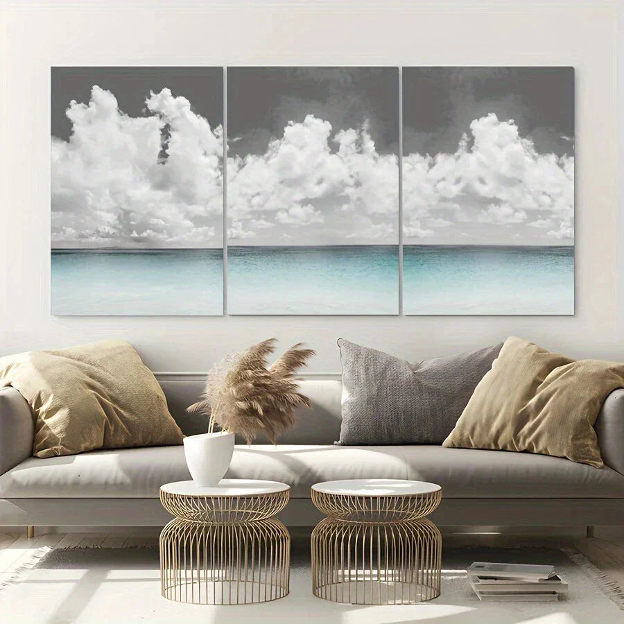 3pcs White Spread Clouds Blue Water Beach Metal Print Ready to Hang Art