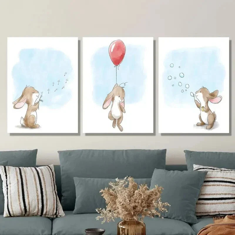 3pcs Bunny Blowing Bubbles, Bunny Playing Metal Print Ready to Hang Art