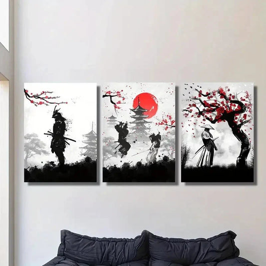 3pcs Japanese Cherry Blossom Samurai Silhouette Metal Print Ready to Hang Art