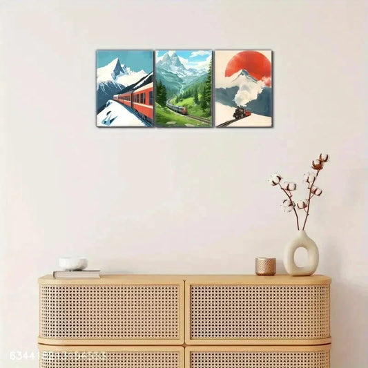 3pcs Train and Mountains Beautiful Scenery Metal Print Ready to Hang Art