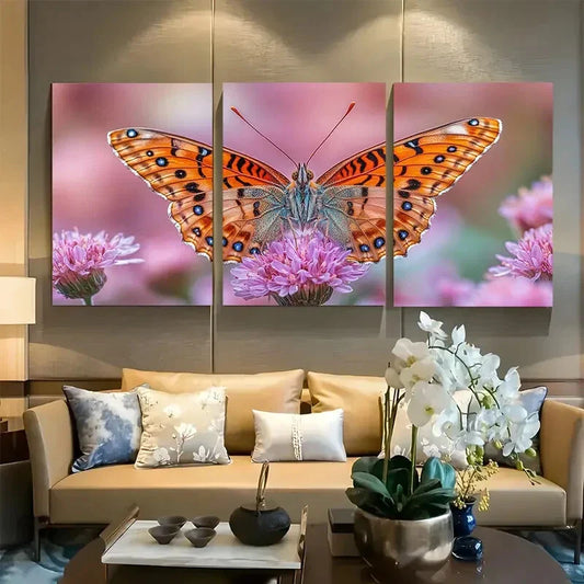 3pcs Intricate Butterfly Resting On Flower Metal Print Ready to Hang Art