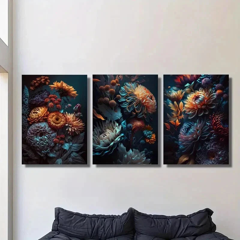 3pcs gorgeous chrysanthemums, colorful Metal Print Ready to Hang Art
