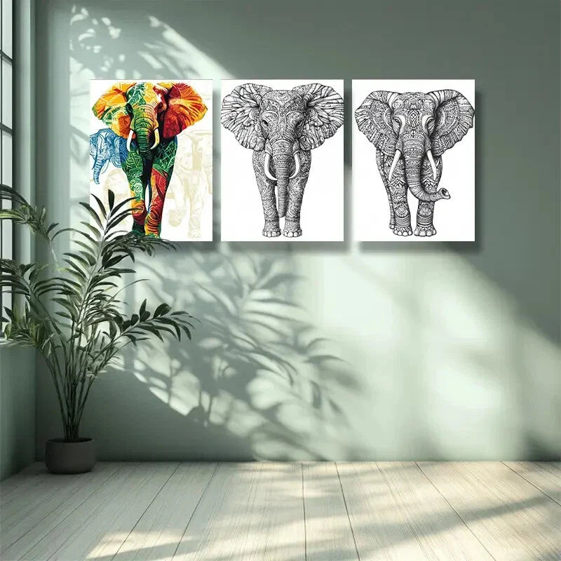 3pcs Stylized elephant Art Painting Metal Print Ready to Hang Art
