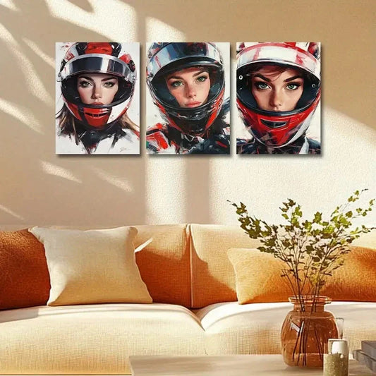 3pcs Modern Helmeted Woman Portraits Metal Print Ready to Hang Art