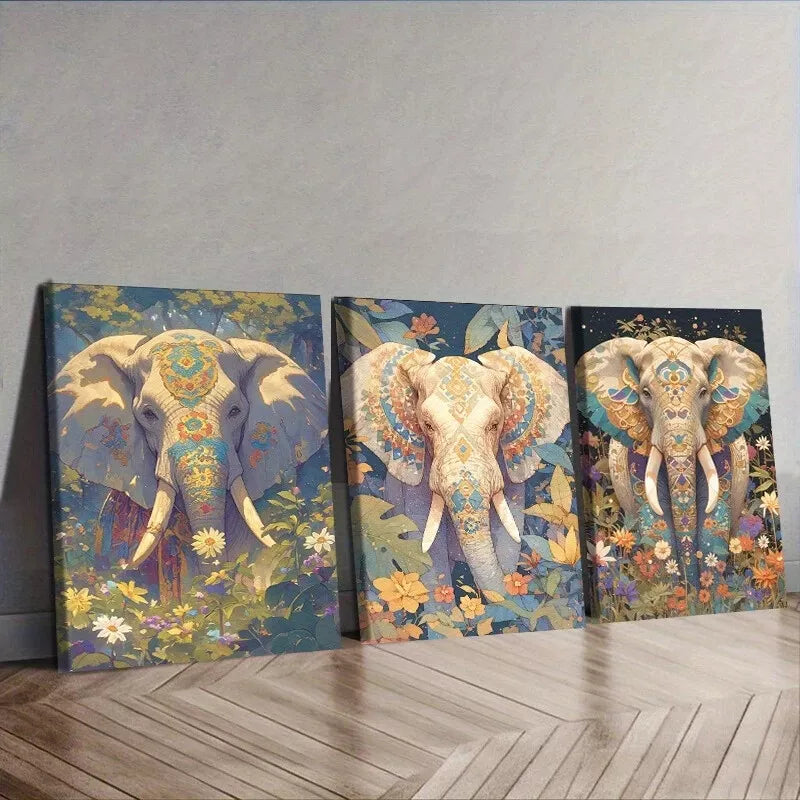 3pcss Featuring An Elephant With Floral Designs Wall Art Set Canvas Framed 40x60cm - High Quality Print 100% Australian Made Wall Canvas Ready to Hang