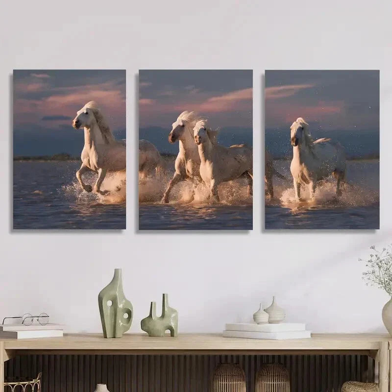 3pcs Camargue White Horses Metal Print Ready to Hang Art