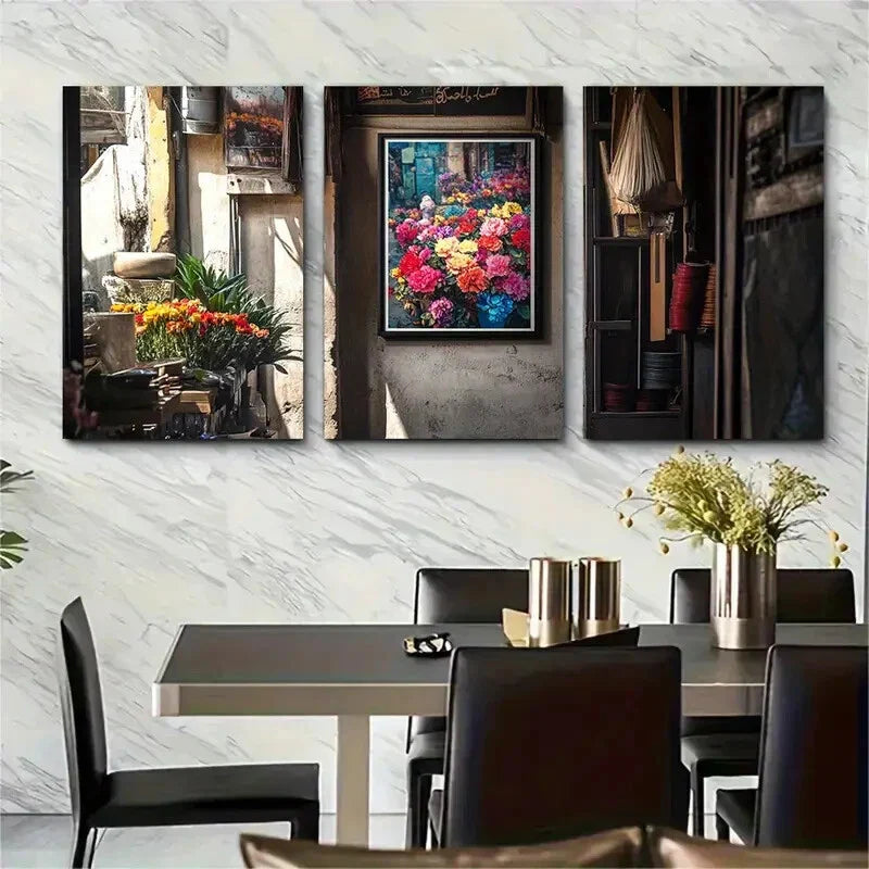 3pcs Vibrant Flower Colorful Bouquet Modern Metal Print Ready to Hang Art