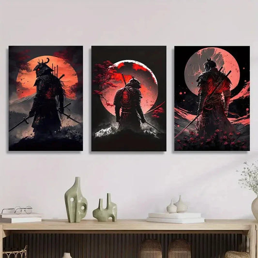 3pcs Samurai Wielding a Katana, Metal Print Ready to Hang Art