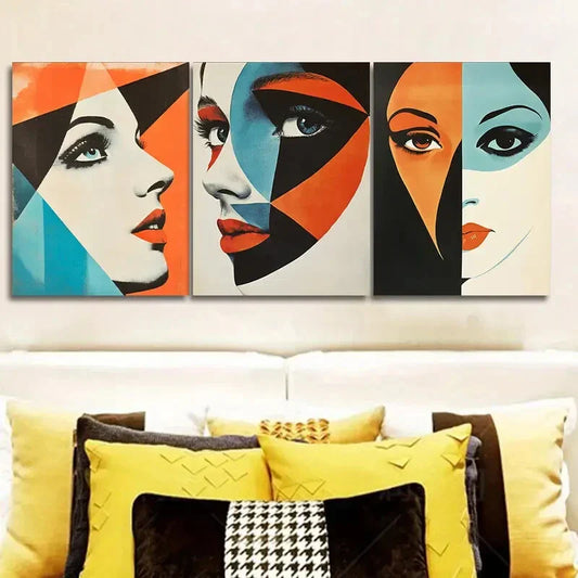 3pcs Women'S Portrait Posters Abstract Faces Wall Art Set Canvas Framed 40x60cm - High Quality Print 100% Australian Made Wall Canvas Ready to Hang