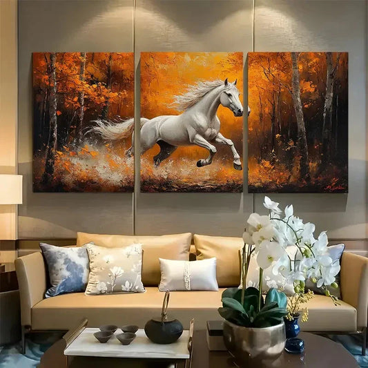 3pcs Majestic White Horse Running in Autumn Forest Metal Print Ready to Hang Art