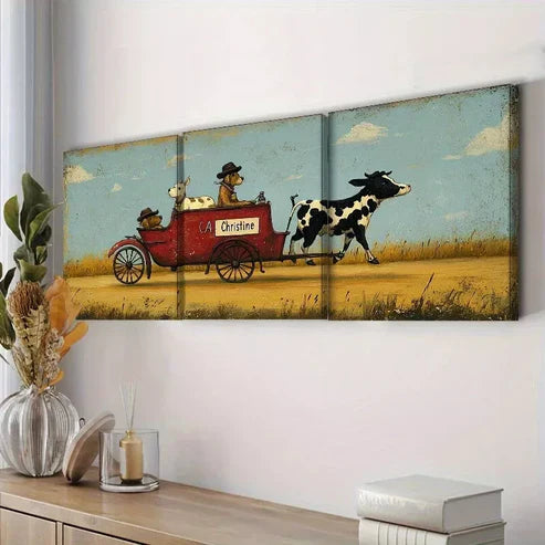 3pcs Contemporary Style Bullock Drawn Wall Art Set Canvas Framed 60x90cm - High Quality Print 100% Australian Made Wall Canvas Ready to Hang