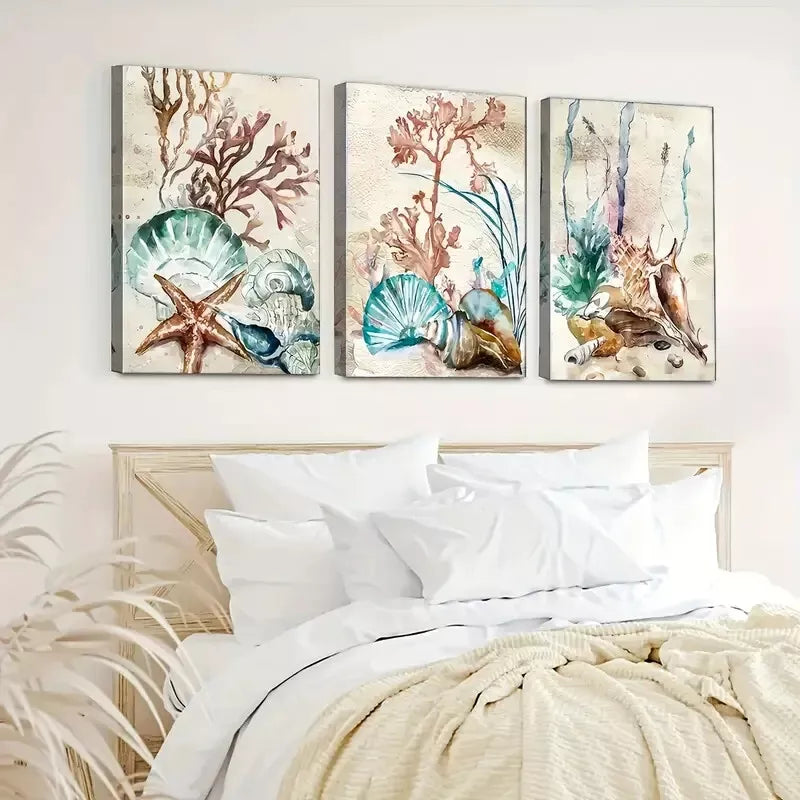 3pcs Underwater World with Seaweed, Starfish Wall Art Set Canvas Framed 40x60cm - High Quality Print 100% Australian Made Wall Canvas Ready to Hang