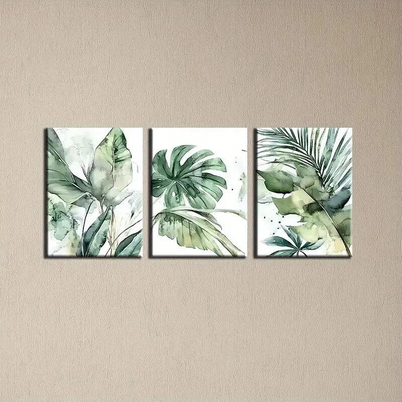3pcs Abstract Elegant Green Plants Metal Print Ready to Hang Art