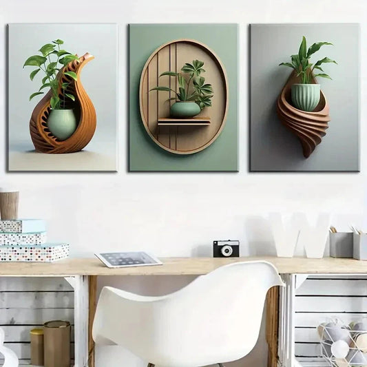 3pcs Designed with Plant Vase, Metal Print Ready to Hang Art