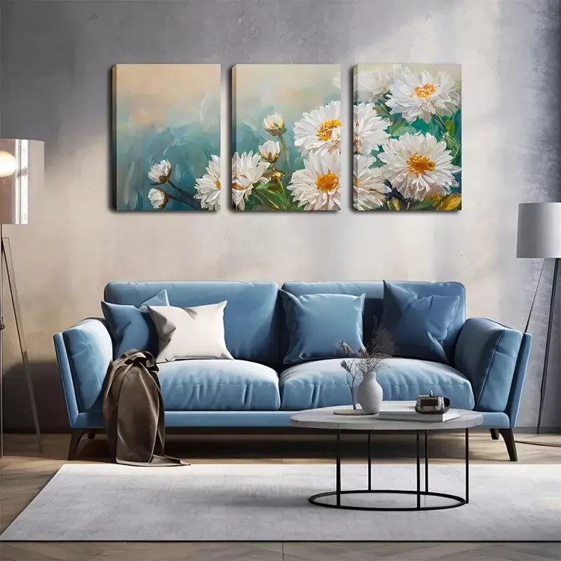 3pcs Romantic White Chrysanthemum In The Wild Wall Art Set Canvas Framed 40x60cm - High Quality Print 100% Australian Made Wall Canvas Ready to Hang