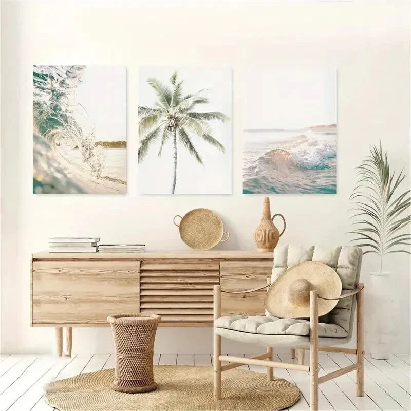 3pcs Ocean Coastal & Palm Tree Design Metal Print Ready to Hang Art