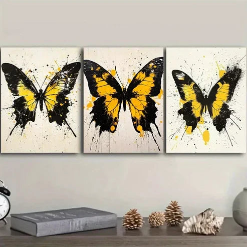 3pcs Black And Yellow Butterflies Colorful Wall Art Set Canvas Framed 60x90cm - High Quality Print 100% Australian Made Wall Canvas Ready to Hang