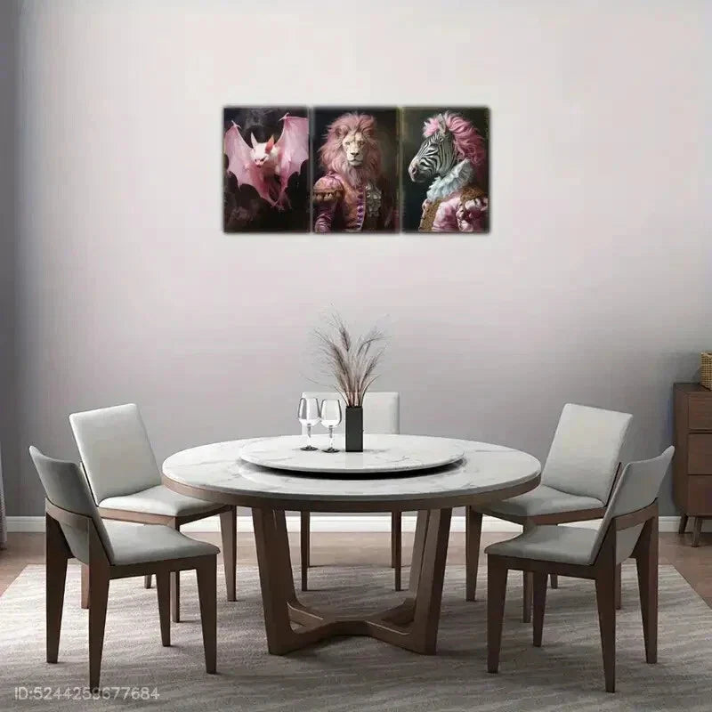 3pcs Pink Haired Zebra Pink Flying Bat Vintage Metal Print Ready to Hang Art