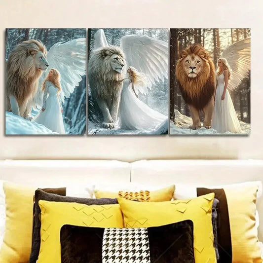 3pcs The girl and the lion in the snow Wall Art Set Canvas Framed 40x60cm - High Quality Print 100% Australian Made Wall Canvas Ready to Hang