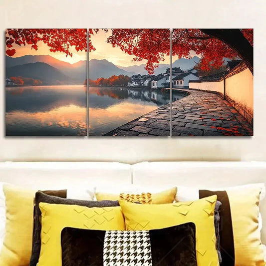 3pcs Jiangnan, ancient town With Trees Wall Art Set Canvas Framed 40x60cm - High Quality Print 100% Australian Made Wall Canvas Ready to Hang