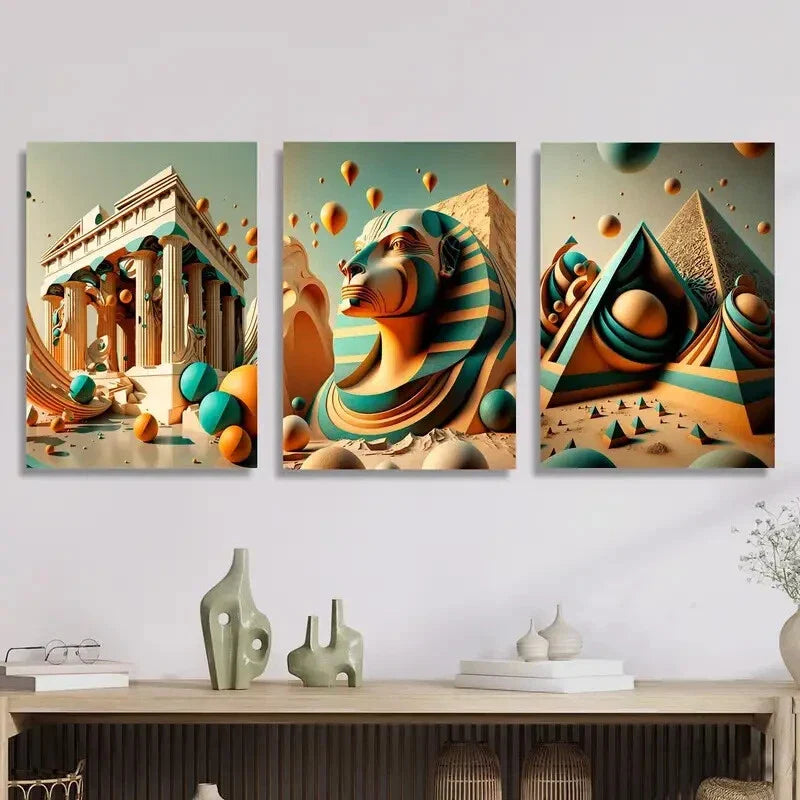 3pcs Golden Pagoda, Sphinx, Parthenon, travel Metal Print Ready to Hang Art