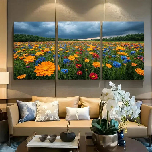 3pcs Field of Wildflowers In a Thunder Storm Metal Print Ready to Hang Art