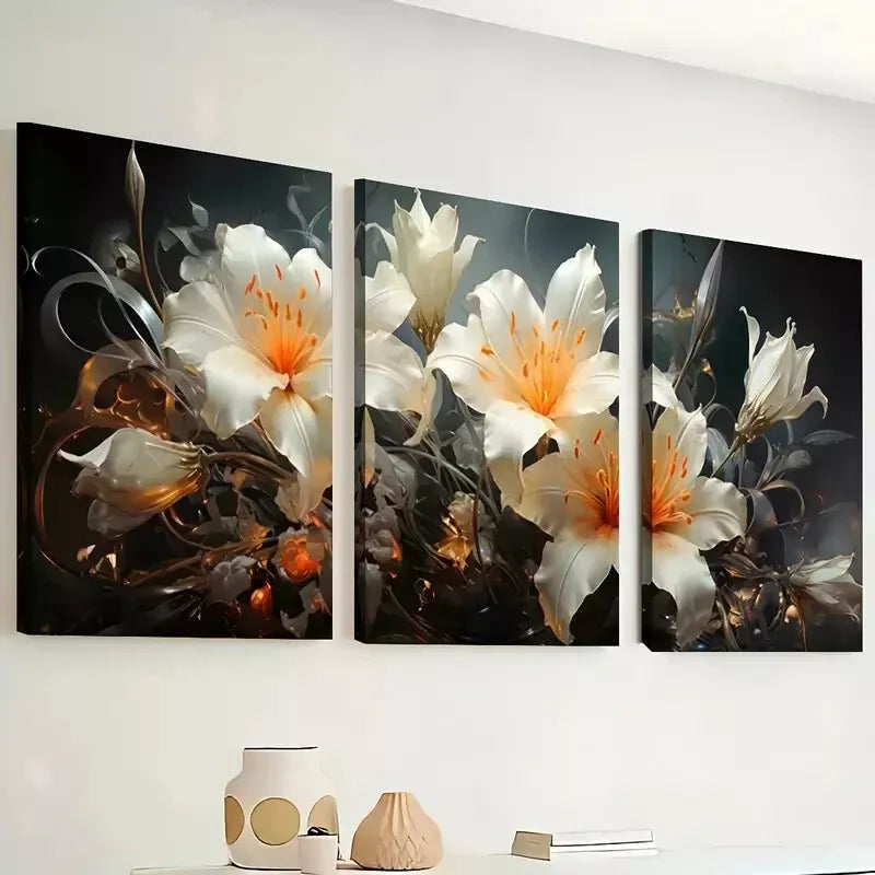 3pcs Featuring Floral Elegant White Painting Wall Art Set Canvas Framed 40x60cm - High Quality Print 100% Australian Made Wall Canvas Ready to Hang
