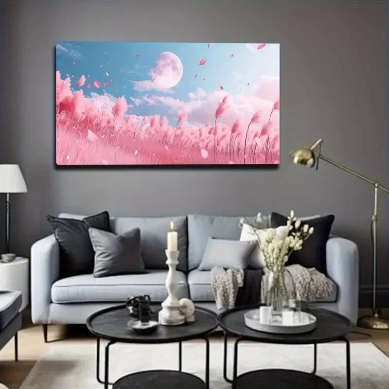 Petals & Moonlit Sky Meadow Wall Art Canvas Office Home Room Framed 120x60cm