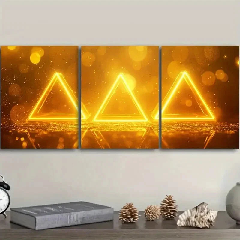 3pcs Glowing Yellow Triangle Design Metal Print Ready to Hang Art