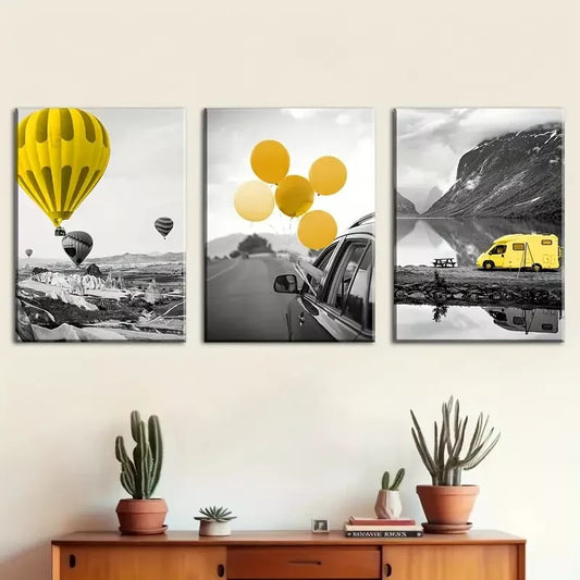 3pcs Wind Natural Scenery Hot Air Balloon Wall Art Set Canvas Framed 40x60cm - High Quality Print 100% Australian Made Wall Canvas Ready to Hang