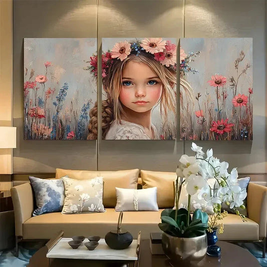 3pcs Youngsters Girl Floral Crown & Floral Field Metal Print Ready to Hang Art