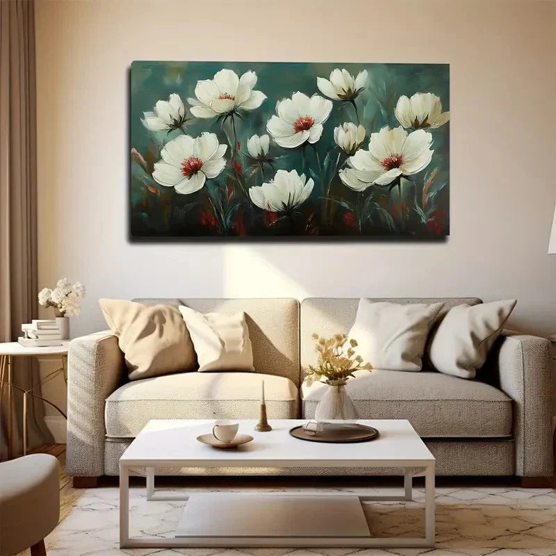 White Flowers In Green Wall Art canvas office home room framed 120x60cm