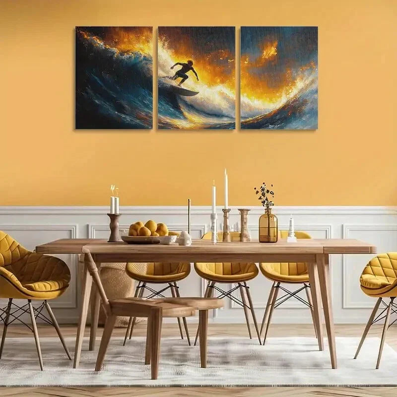 3pcs Vibrant Sunset Surf Scene Metal Print Ready to Hang Art