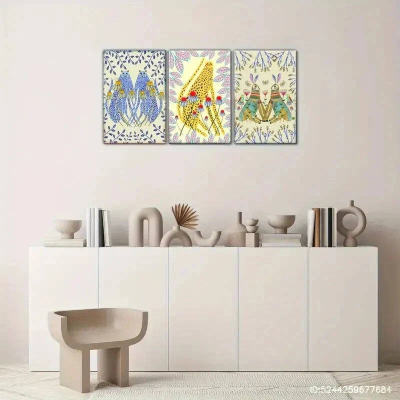 3pcs Rabbit Animal Portrait Art Poster Abstract Metal Print Ready to Hang Art